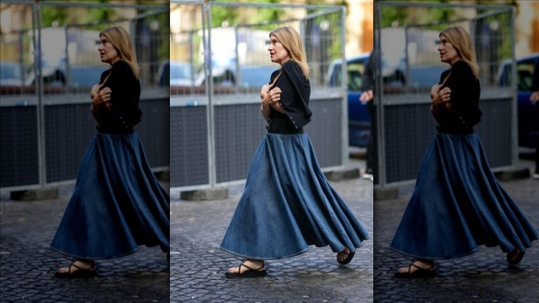 woman wearing denim maxi skirt