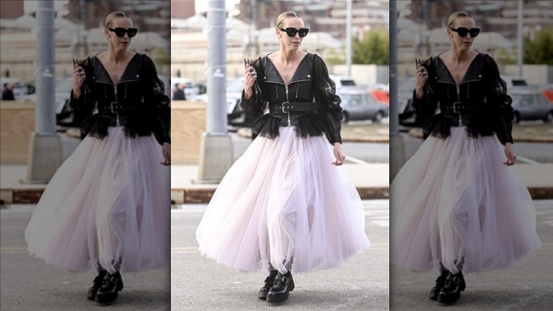 woman in tulle maxi skirt