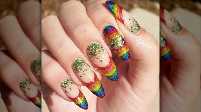 rainbow and green glitter manicure