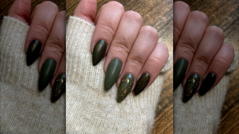 matte green and gold manicure 