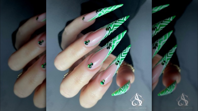 green white stiletto manicure