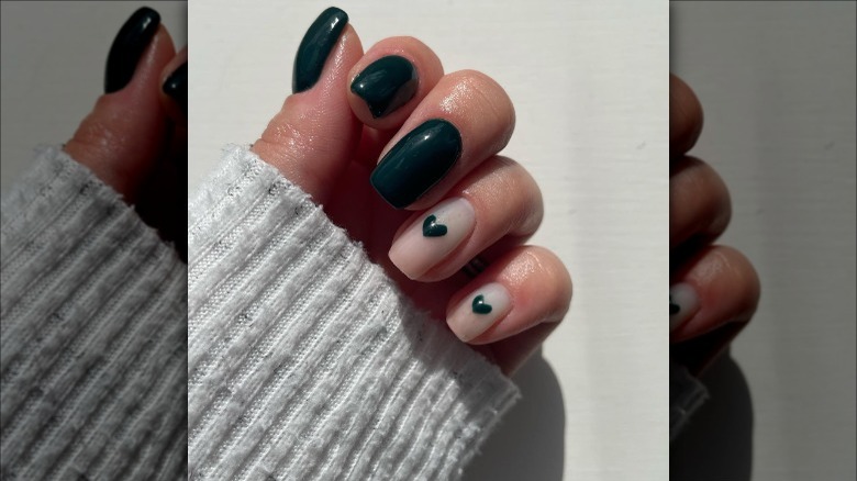 green and white heart manicure