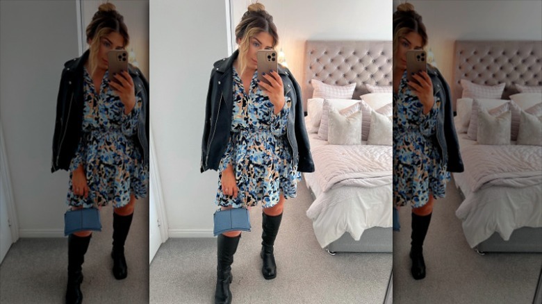 Blue minidress and black boots