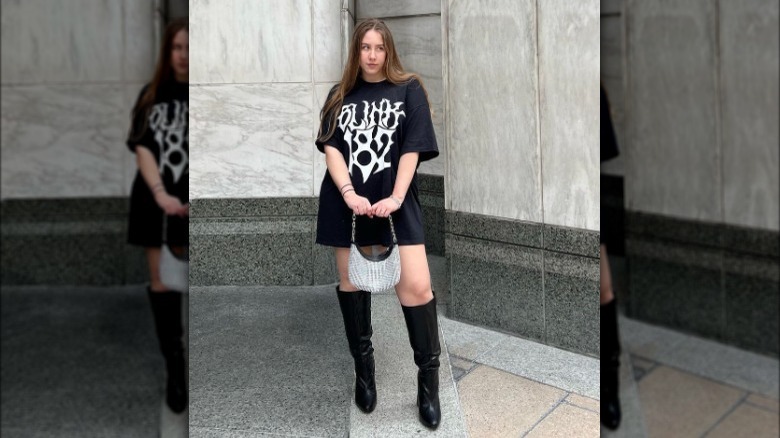 T-shirt and tights and white boots