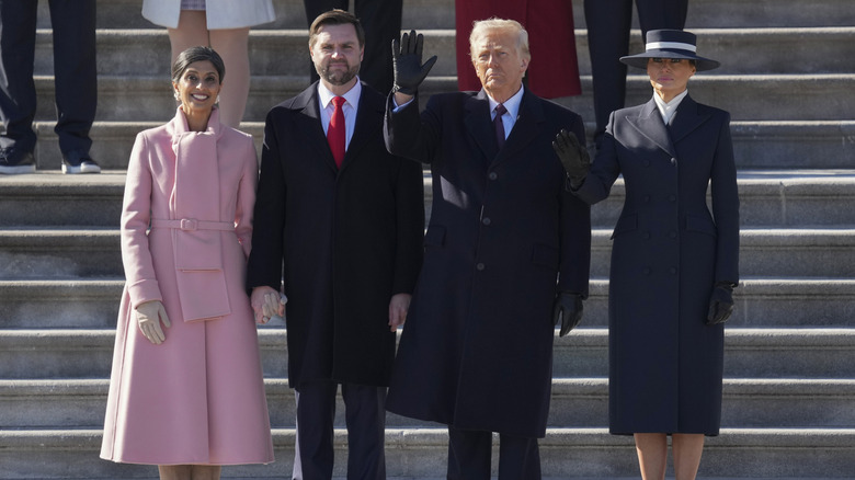 Usha Vance, JD Vance, Donald Trump, and Melania Trump pose together on Inauguration Day 2025.