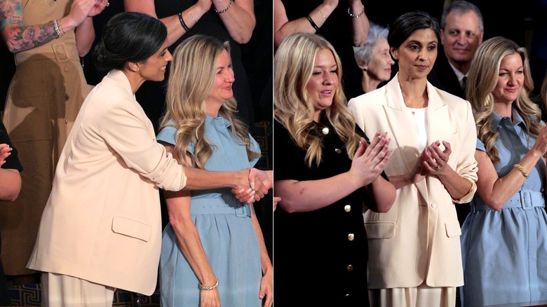 Side-by-side of Usha Vance wearing an oversized beige blazer.