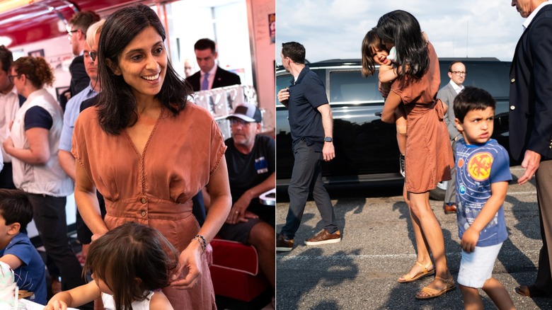 Side-by-side of Usha Vance wearing a summer dress and sandals at a campaign stop in 2024.