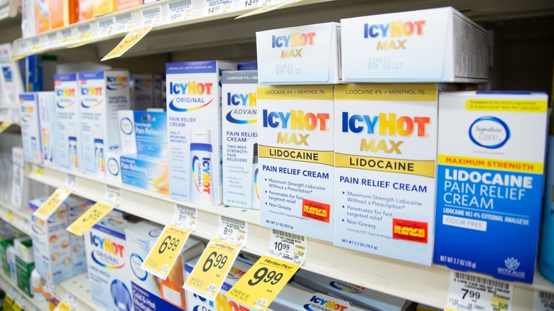 Pharmacy aisle of lidocaine products 