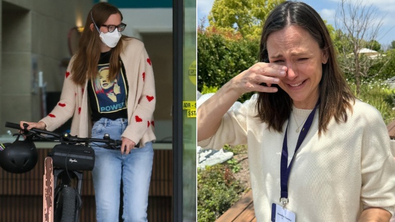 Violet Affleck walking with her bike on the left, and Jennifer Garner crying at Violet's high school graduation on the right