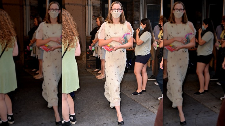 Violet Affleck leaving a Broadway show in a floral dress.