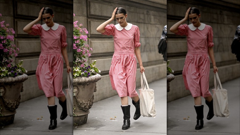 gingham dress with black rugged boots