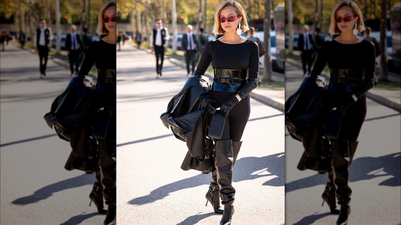 woman wearing leather wader boots