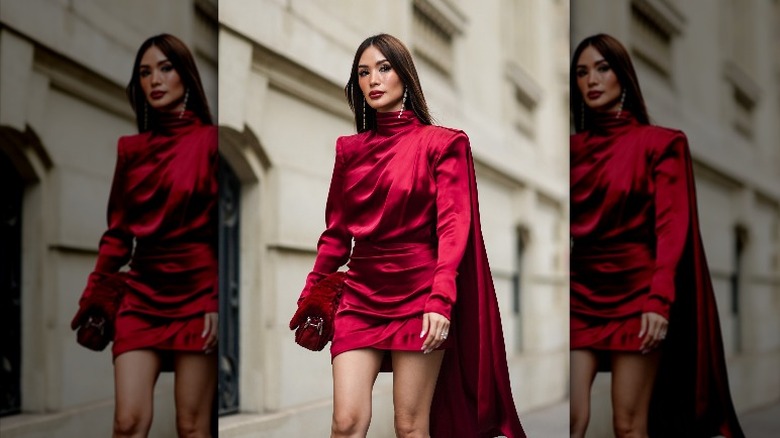 woman wearing red satin dress 