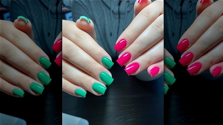 manicure with green and pink variations