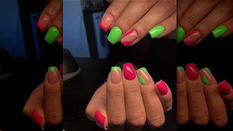 manicure with green and pink nails