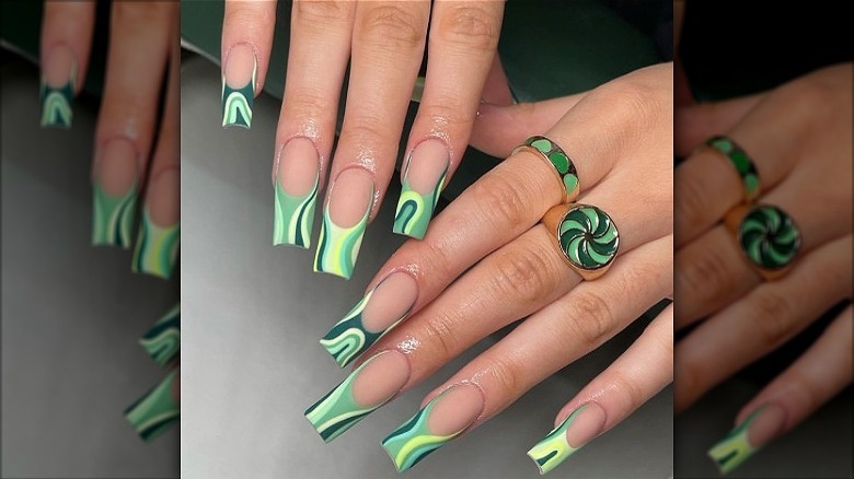 Green swirl French nails