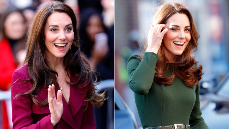 Side-by-side of Kate Middleton wearing burgundy and olive green dresses.