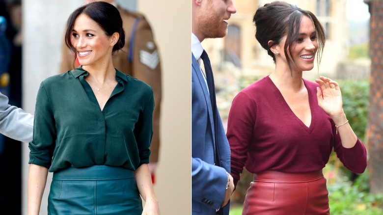 Side-by-side of Meghan Markle wearing forest green and ruby red separates.