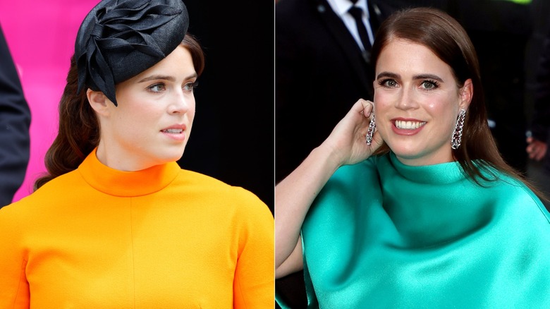 Side-by-side of Princess Eugenie wearing light orange and kelly green.