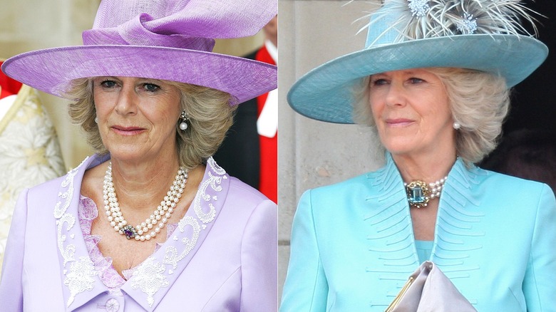 Side-by-side of Queen Camilla wearing lilac and aqua outfits