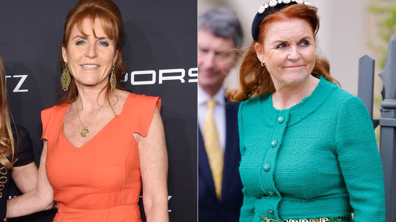 Side-by-side of Sarah Ferguson wearing orange and teal.