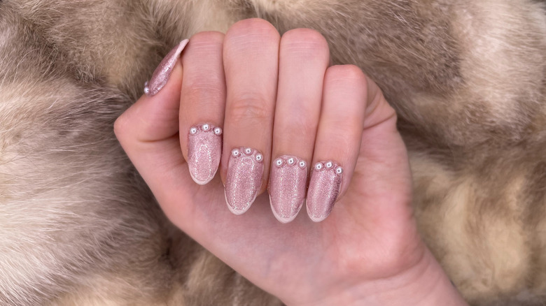 Velvet nails with French tips and pearls