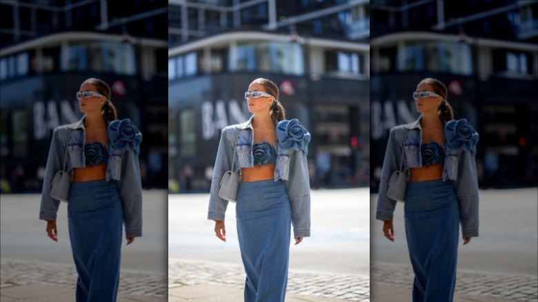 woman with rosette denim bralette