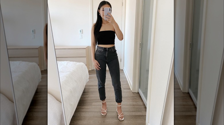 Black jeans black crop top strappy sandals