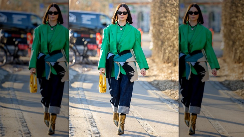 Green jacket wide cuffed jeans