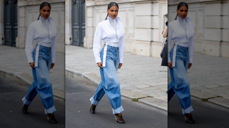 White wraparound button down shirt baggy jeans