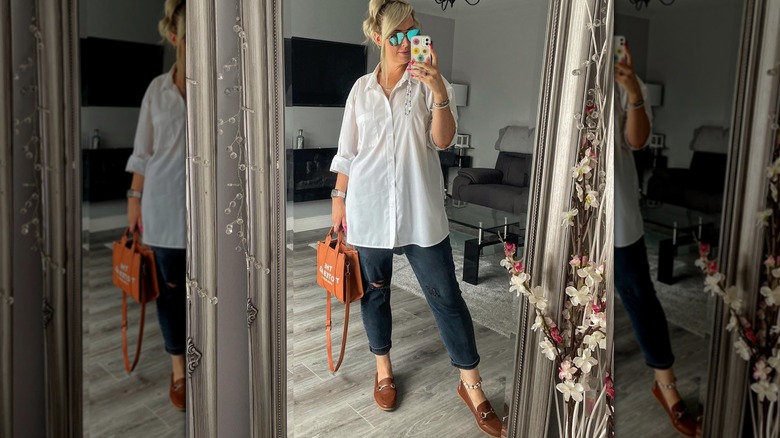 Oversized white shirt brown loafers