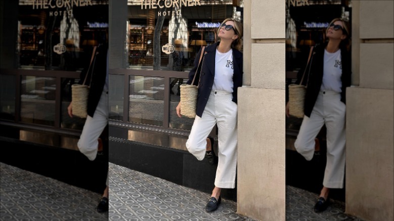 woman wearing baggy white jeans