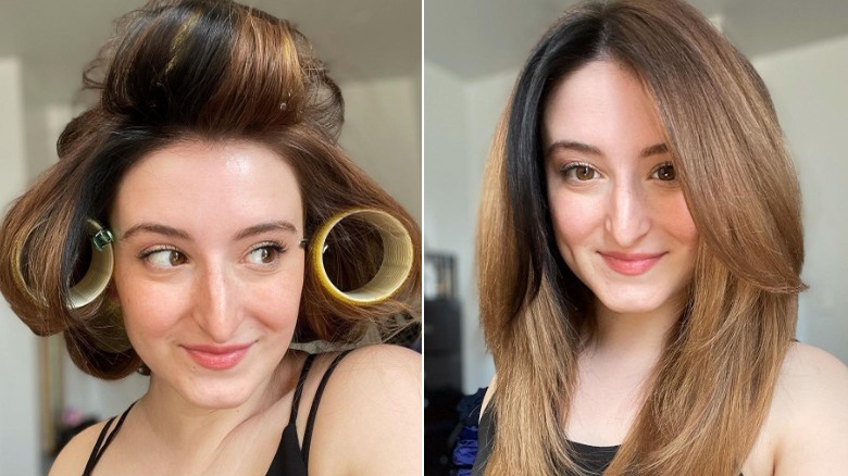 Woman hair rollers and woman with straight hair