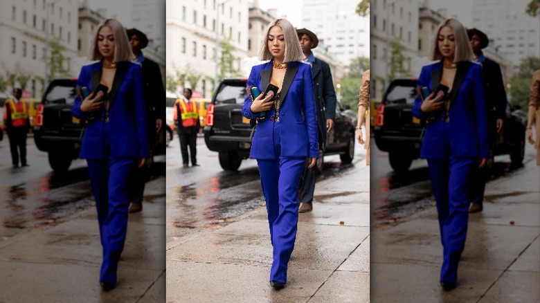 woman wearing cobalt blue suit