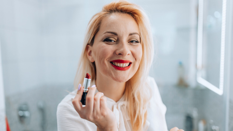 Woman wearing semi-matte lipstick