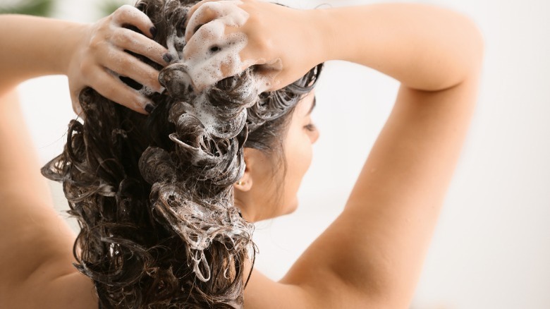 Brunette woman washing her hair