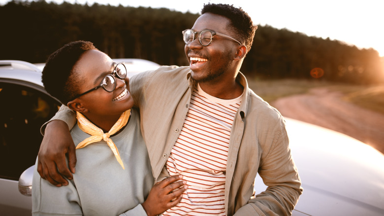 Couple happily exploring together