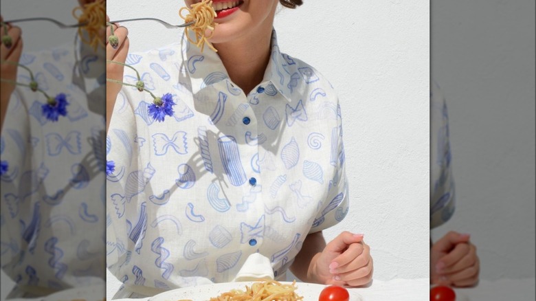 Woman wearing pasta shirt