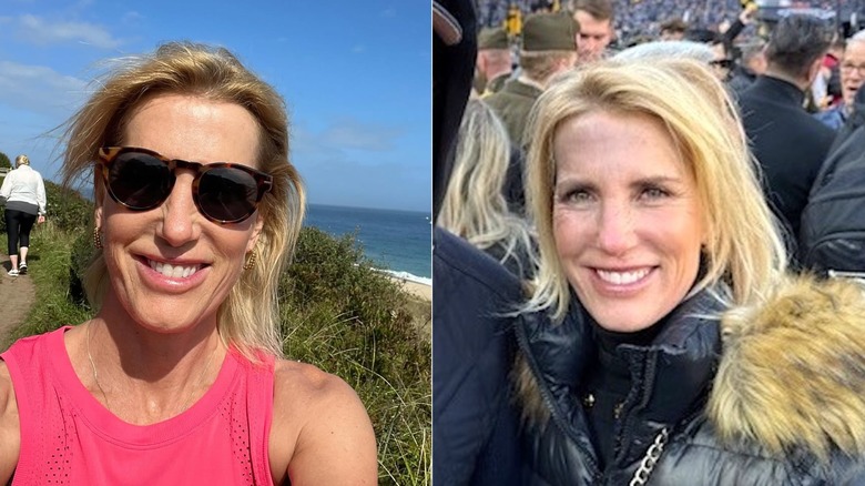 Side-by-side of Laura Ingraham walking by the ocean and posing at a football game.