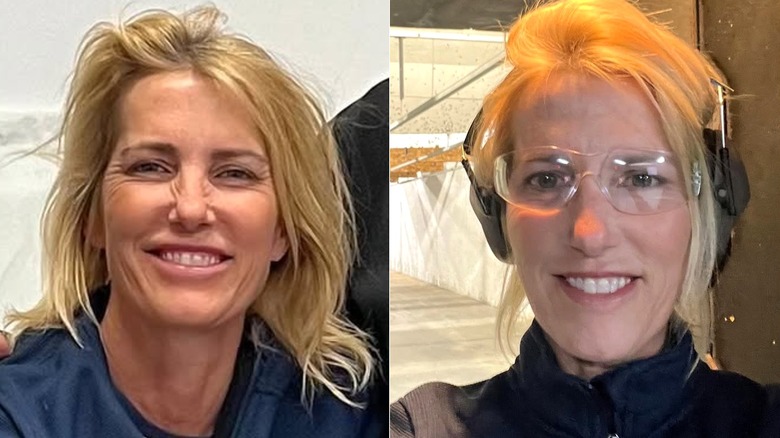 Side-by-side of Laura Ingraham smiling and posing at a gun range, both without makeup.