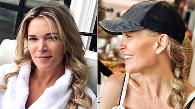 Side-by-side of Megyn Kelly lounging in a white robe and smiling in a baseball cap.