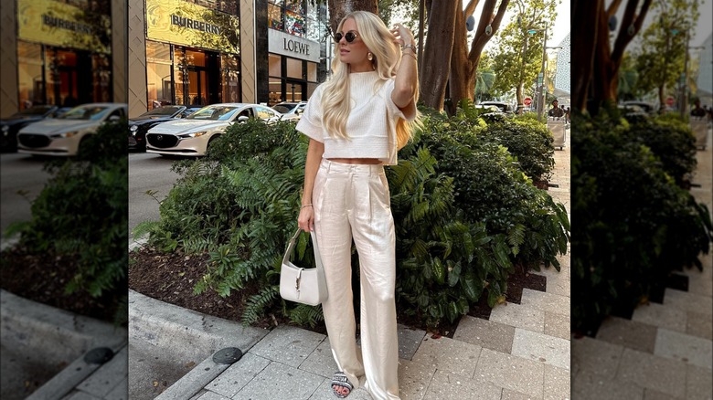 White cropped sweater silky pants