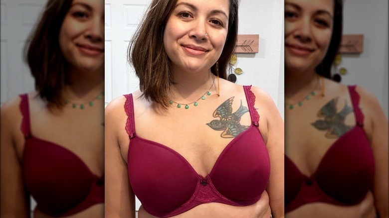 Woman wearing burgundy-colored bra