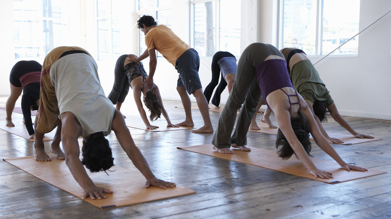 Yoga class holding downward dog pose