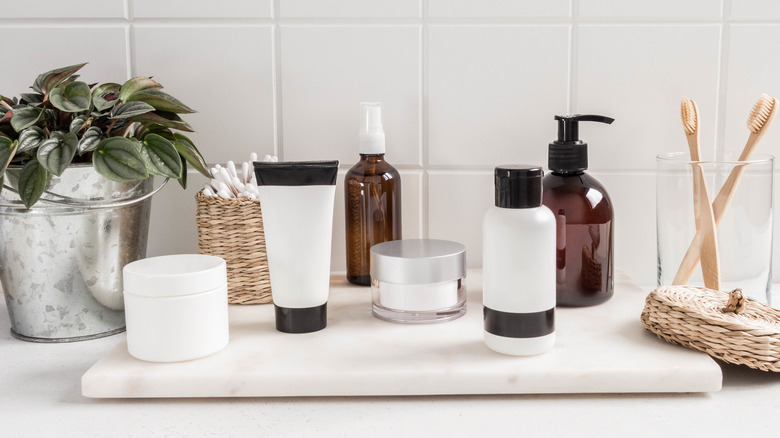 skincare products on counter