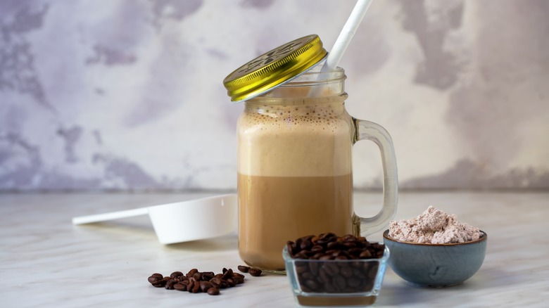 Iced coffee protein shake on counter