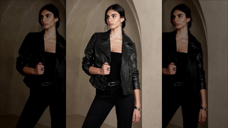 Banana republic model wears vegan leather moto jacket 