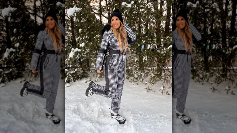 Individual wearing a houndstooth snowsuit
