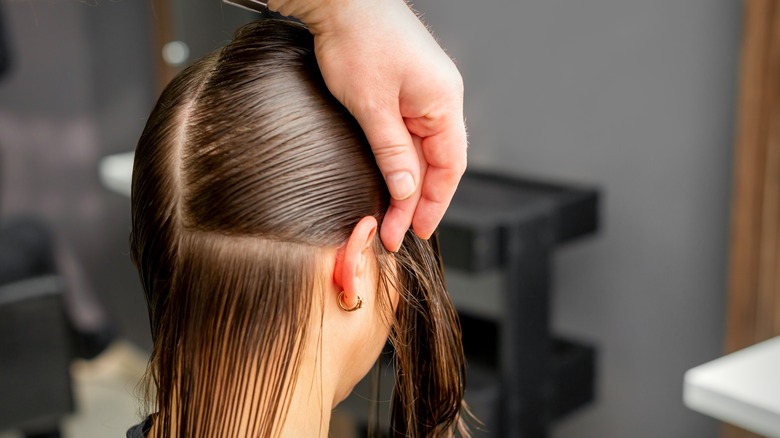 A woman with her hair sectioned off for cutting