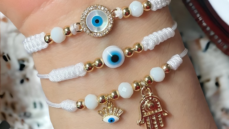 Evil eye bracelets on wrist